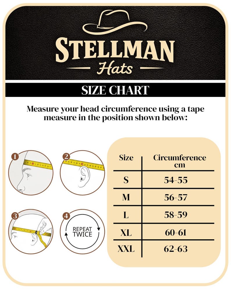 May include: A size chart for Stellman Hats, featuring a black background with the brand logo and the text "SIZE CHART". The chart shows how to measure head circumference in centimeters, with sizes ranging from S (54-55 cm) to XXL (62-63 cm).