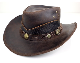 Leather Cowboy Hat: StellMan Rustic Wide Brim, Metal Conchos