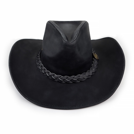 StellMan Genuine Leather Cowboy Hat for Men and Women Western Style Outback Hat, Black Rancher Hat for Outdoor and Festival Wear