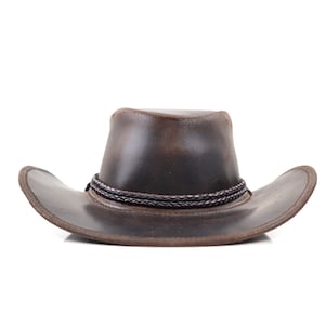StellMan Brown Leather Cowboy Hat with Chin Strap, Western Outback Style Real Leather Hat, Country weddings and Western themed events Hat