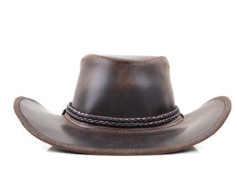 StellMan Brown Leather Cowboy Hat, Outback Style with Chin Strap