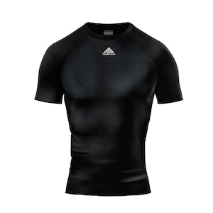 May include: Black short-sleeve compression shirt with a crew neck. The shirt has a subtle chevron pattern across the chest and the brand name "StellMan" in white. The shirt is designed for athletic activities.