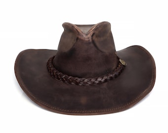StellMan Genuine Leather Cowboy Hat for Men and Women Western Style Outback Hat, Brown Rancher Hat for Outdoor and Festival Wear