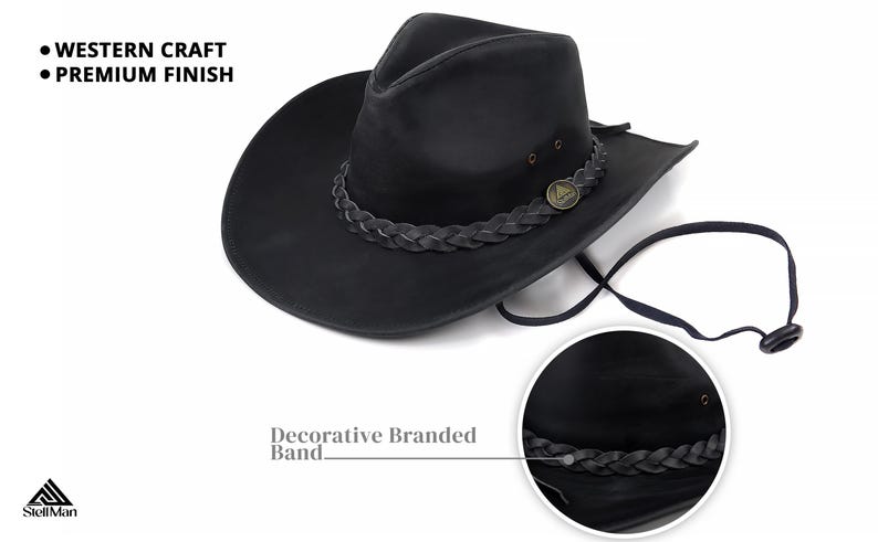May include: Black cowboy hat with a decorative braided band and a chin strap. The hat has a premium finish and is labeled "Western Craft". The hat has a metal emblem on the band.