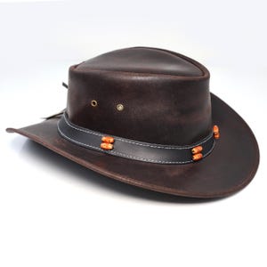 Men's Brown Leather Outback Cowboy Hat, Handmade Western Hat with Beaded Band, Real Leather Adventure Hat