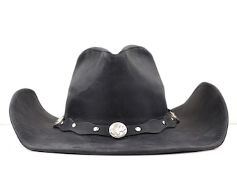 StellMan Rawhide Rodeo Black Leather Cowboy Hat with Silver Conchos – Western Outback Hat