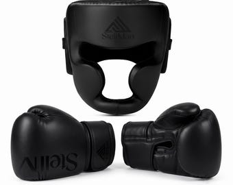 Set di guantoni e caschetto da boxe StellMan, attrezzatura per sparring, guantoni da boxe in pelle PU con caschetto protettivo per allenamento e MMA.