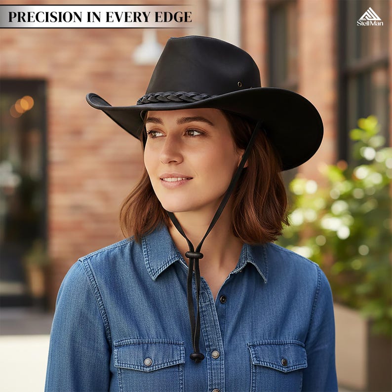 May include: Black cowboy hat with a braided band and chin strap. The hat has a wide brim and is worn by a person wearing a denim shirt. The text "PRECISION IN EVERY EDGE" is at the top of the image.