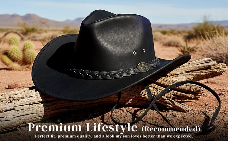 May include: A black cowboy hat with a braided band and a decorative emblem. The hat has a wide brim and is set against a desert landscape. The text "Premium Lifestyle (Recommended)" is visible.