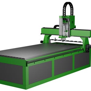Könnte beinhalten: Eine grüne und graue CNC-Maschine mit einer großen, flachen Arbeitsfläche. Die Maschine hat ein Portaldesign mit einer vertikalen Spindel und einem schwarzen Kabelträger. Der Rahmen ist grün und die Basis grau.