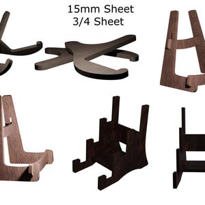 以下が含まれることがあります： さまざまなデザインの木製ディスプレイスタンドのコレクション。スタンドは濃い茶色の木材で作られており、アイテムを保持するように設計されています。「15mm Sheet 3/4 Sheet」というテキストが画像に表示されています。