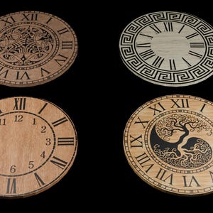 May include: Four wooden clock faces with Roman numerals and various designs. One features a Celtic knot, another a Greek key pattern, a third with standard numbers, and the last with a tree of life design within a yin-yang symbol.