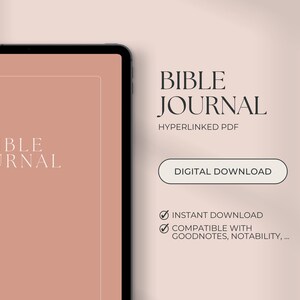 Könnte beinhalten: Digitales Bibel-Journal mit weichem Pfirsichhintergrund. Die Worte "BIBLE JOURNAL" sind in eleganter weißer Schrift dargestellt. Das Journal ist ein Hyperlink-PDF und steht zum sofortigen Download bereit. Kompatibel mit GoodNotes und Notability.