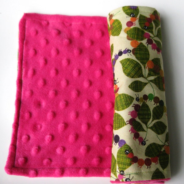 Sale Baby Girl Burp Cloth Set (3) Caterpillars & Geometric Designer Patterns - Bright Pink Minky Dot