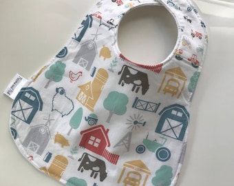 Baby Bib, Farm Bib, Tractor Baby Bib, Teething Bib, Layered Bib, Snap Closure, Organic Cotton Fleece Bib, Baby Shower Gift