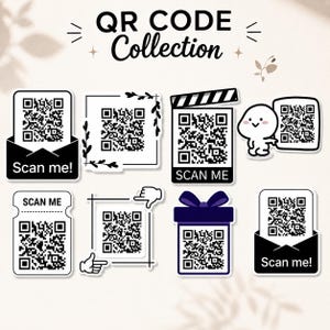 Könnte beinhalten: Eine Sammlung von QR-Code-Aufklebern in verschiedenen Designs. Enthält QR-Codes in einem Umschlag, einer Geschenkbox, einer Filmklappe und einem Ticket. Jeder Aufkleber hat den Text "Scan me!" oder "SCAN ME".