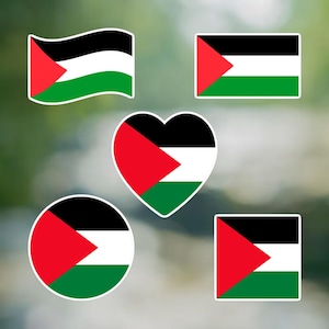 Könnte beinhalten: Eine Sammlung von fünf Aufklebern mit der palästinensischen Flagge in verschiedenen Formen: ein gewelltes Rechteck, ein Standardrechteck, ein Herz, ein Kreis und ein Quadrat. Jeder Aufkleber zeigt die horizontalen Streifen in Schwarz, Weiß und Grün.