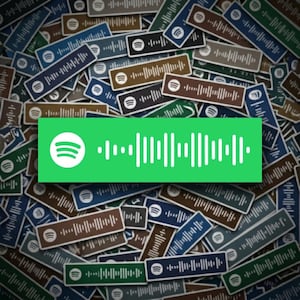 Könnte beinhalten: Eine Ansammlung von Spotify-Code-Aufklebern in verschiedenen Farben, darunter Grün, Braun, Blau und Grün. Ein großer grüner Aufkleber mit weißem Spotify-Logo und weißer Audio-Wellenform befindet sich im Vordergrund.