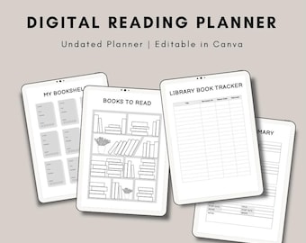 Puede incluir: Un planificador de lectura digital con el texto "DIGITAL READING PLANNER" y "Undated Planner | Editable in Canva". La imagen muestra cuatro pantallas de tabletas digitales con diferentes diseños, incluyendo "MY BOOKSHELF" y "BOOKS TO READ".