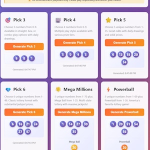 Könnte beinhalten: Digitale Oberfläche mit Lotto-Zahlengeneratoren für Pick 3, Pick 4, Pick 5, Pick 6, Mega Millions und Powerball. Generierte Zahlen werden in blauen Kreisen angezeigt.