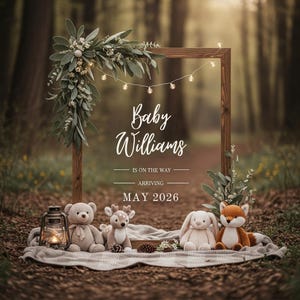 May include: A rustic wooden frame adorned with foliage and fairy lights, displaying the text "Baby Williams" and the arrival date "May 2026." Soft toys of a bear, deer, rabbit, and fox are arranged on a blanket in a woodland scene. A lantern is also visible.