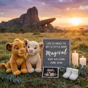 May include: A heartwarming announcement scene featuring two plush lion cubs, a sign that reads "Life is about to get a little more Magical," and a sonogram. The scene includes lit candles and baby booties, set against a sunset backdrop.