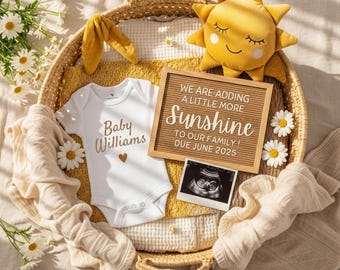 Simple Boho Sunshine Pregnancy Announcement Digital Template, Editable Summer Baby Announcement, Gender Neutral Sun Baby Reveal Canva