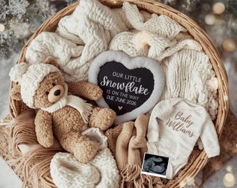 Anuncio de embarazo digital de invierno, Anuncio de bebé digital, Plantilla editable de anuncio de bebé estilo boho neutro, Bebé con copo de nieve