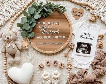 May include: A baby announcement with a neutral color palette. The image includes a letter board with a quote, a teddy bear, baby shoes, a onesie with an ultrasound image, and wooden blocks spelling "BABY". A heart-shaped sign says "Coming soon".