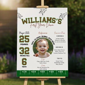May include: A personalized football-themed sign on an easel. The sign features a baby's photo, stats (25 pounds, 32 inches tall, 6 teeth), nicknames, and favorites. The text reads "WILLIAMS'S First Year Down."