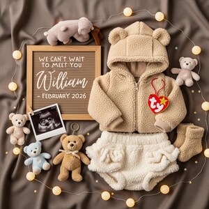 Pode incluir: Anúncio de bebê com uma jaqueta com capuz de urso de pelúcia bege, shorts com babados e meias. Um quadro de letras diz: "We can't wait to meet you William - February 2026". Uma foto de ultrassom e ursinhos de pelúcia circundam as roupas.