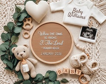 May include: A flat lay arrangement featuring baby items. Includes a white onesie with "Baby Williams" printed on it, a sonogram photo, a letter board with text, a crochet teddy bear, and wooden blocks spelling "BABY".