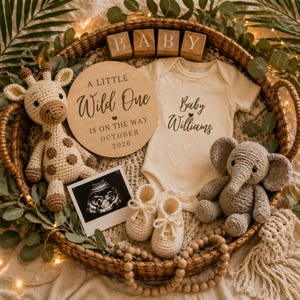 May include: A baby announcement arrangement in a woven basket. Includes a wooden sign with "A Little Wild One" and "October 2026" text, a cream-colored onesie, a crochet giraffe and elephant, baby shoes, and a sonogram.