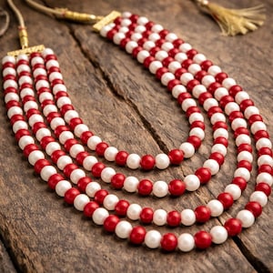 Red White Beaded Necklace, Multi Layer Statement Necklace, Handmade Ethnic Jewelry, Boho Layered Necklace, Festive Jewelry Gift for Women