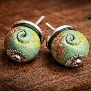 Green Ceramic Drawer Knobs Set of 2, Handmade Cabinet Knobs, Rustic Furniture Knobs, Vintage Dresser Pulls, Decorative Kitchen Knobs