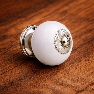 White Ceramic Door Knob, Vintage Drawer Knob, Antique Silver Cabinet Handle, Decorative Furniture Knob, Wardrobe Pull, Kitchen Hardware