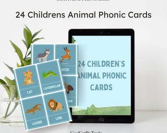 Puede incluir: Un conjunto digital e imprimible de 24 tarjetas fonéticas de animales para niños. Las tarjetas presentan ilustraciones coloridas de animales como un gato, una oruga, un lagarto y un león. Las tarjetas se muestran junto a una tableta.
