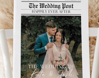 Modelo de jornal de casamento, ideia de programa de casamento retrô, modelo de jornal de casamento com foto, programa de casamento editável, modelo de postagem de casamento