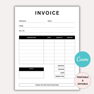 Może przedstawiać: Czarno-biały szablon faktury z polami na numer faktury, datę i dane odbiorcy. Dokument zawiera sekcje na opisy pozycji, koszty, ilości i kwoty. Tekst "INVOICE" znajduje się na górze. Tekst "THANK YOU FOR YOUR PURCHASE!" jest również zawarty.