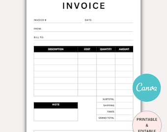 Minimalist invoice template, Small Business invoice editable, invoice template, Billing template, Invoice form, receipt, Canva, Printable