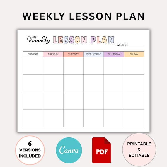 Weekly Lesson Plan Template: Teacher Planner, Classroom Schedule (PDF, Canva Editable, US Letter/A4 Size)