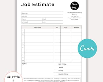 Job Estimate Template PDF, Editable Work Estimate Form, Construction Price Quote, Contractor Bid Sheet