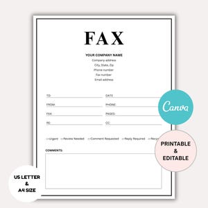 Puede incluir: Una plantilla de fax imprimible y editable en papel blanco. El documento incluye campos para la información de la empresa, los detalles del destinatario y una sección de comentarios. El logotipo de Canva y el texto "US LETTER & A4 SIZE" también son visibles.