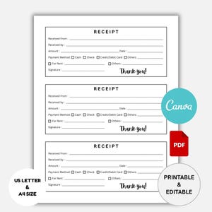 Puede incluir: Plantilla de recibo imprimible en blanco con texto negro. Cada recibo incluye campos para recibido de, cantidad, fecha y método de pago. El texto "¡Gracias!" está en la parte inferior de cada recibo. La imagen también incluye el texto "US LETTER & A4 SIZE" y "PRINTABLE & EDITABLE".