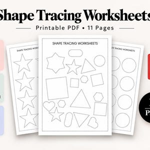 May include: Shape Tracing Worksheets printable PDF with 11 pages in US Letter size. The document features black and white outlines of various geometric shapes including stars, circles, squares, triangles, hearts, and hexagons for tracing practice.
