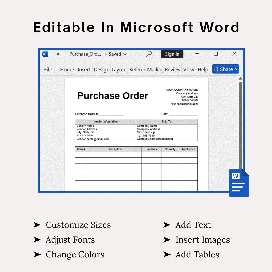 Purchase Order Template Editable Small Business, Purchase Order Form ...