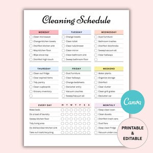Cleaning Schedule Editable | Printable Weekly Cleaning Checklist | Cleaning Chart | ADHD Cleaning Planner | Digital Download Canva, Colorful