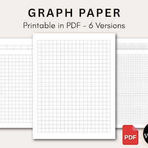 以下が含まれることがあります： 6種類のPDFで印刷可能なグラフ用紙。画像には、黒いグリッドパターンを持つ白いグラフ用紙がいくつか表示されています。「GRAPH PAPER」の文字が上部にあり、その下に「Printable in PDF - 6 Versions」と書かれています。