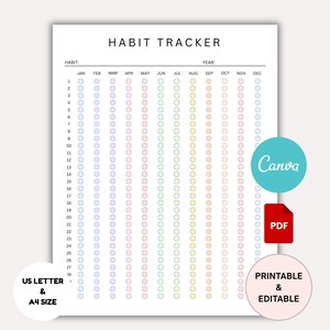 Monthly Habit Tracker Printable. Habit Tracker Template. Routine Tracker. 30 Day Habit Challenge. A4/Letter, Instant Download. PDF. Canva.