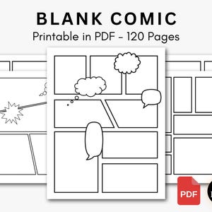Puede incluir: Un conjunto de páginas de cómic en blanco con paneles y bocadillos. Las páginas son blancas con contornos negros, y el texto "BLANK COMIC" y "Printable in PDF - 120 Pages" se muestra en la parte superior. También se ve un icono PDF rojo y un círculo negro con "120 Pages".